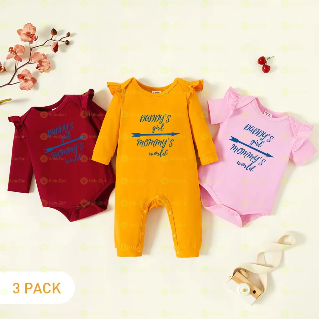 3-Pack Baby Graphic Flutter-sleeve Romper and Jumpsuit Set