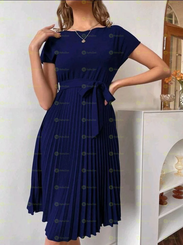 open lace back dress Tassel Hem Belted Pleated Dress main image 0