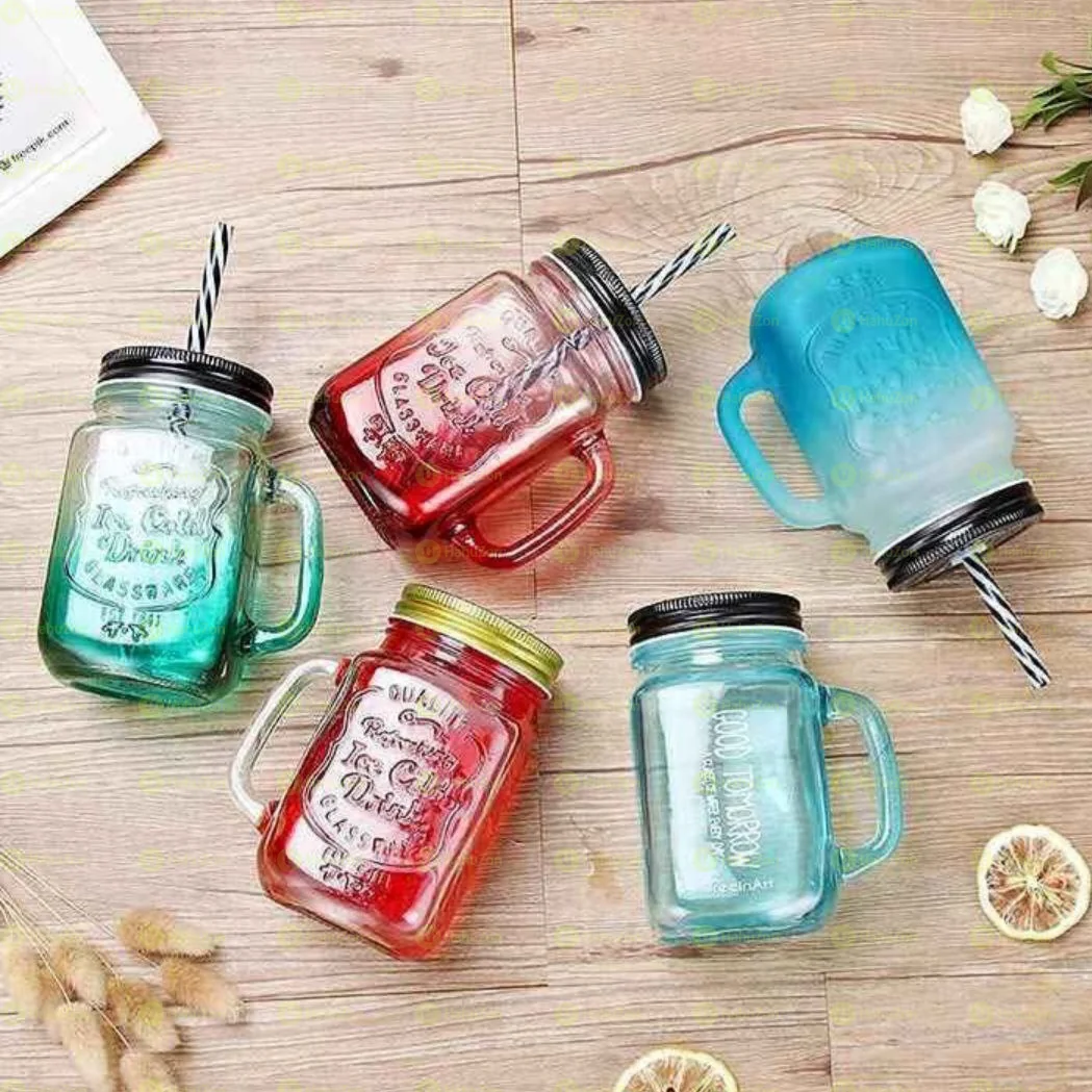 Vintage Mason Glass Drinking Jar With Straw