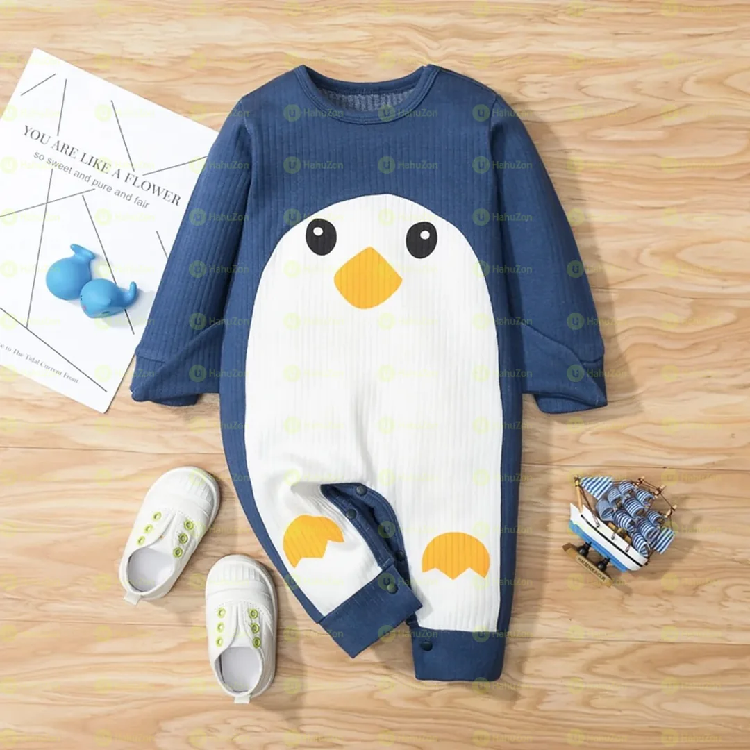 Penguin Long-sleeve Ribbed Baby Jumpsuits