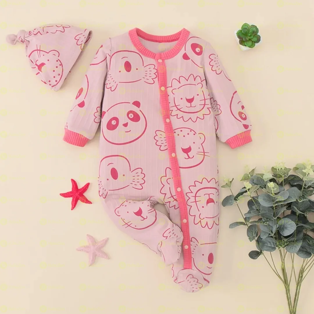 2pcs Animal Face Long-sleeve Knitted Baby Jumpsuit Set