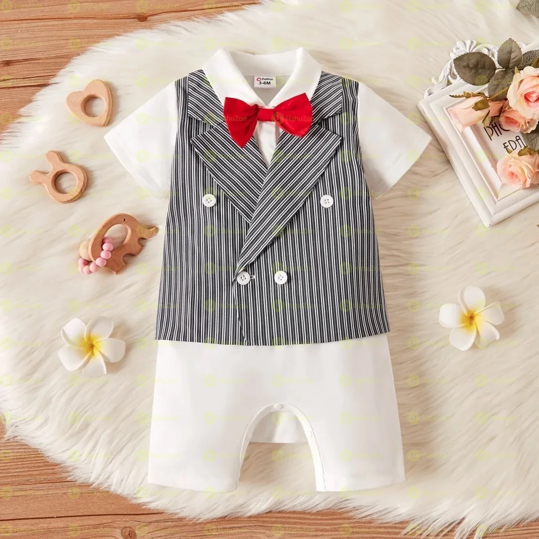 1pc Bowknot Decor Faux-two Design Short-sleeve Baby Romper