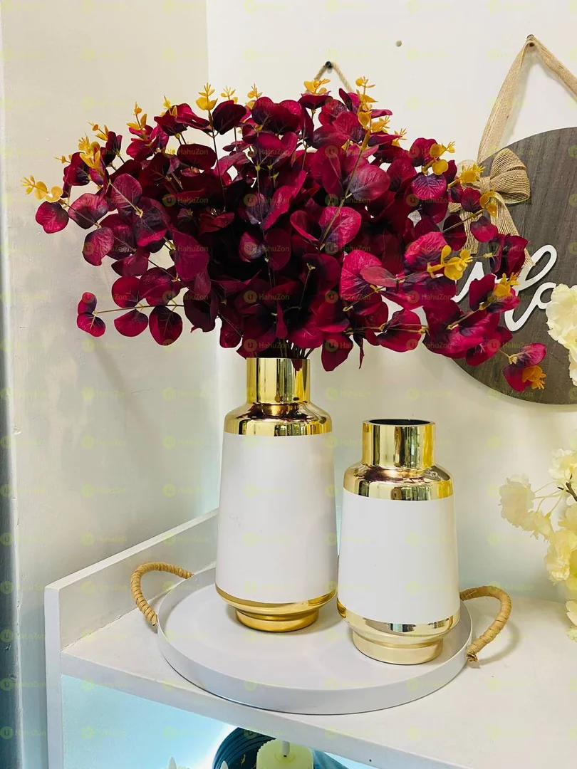 Modern White And Golden Ceramic Vase With Flower