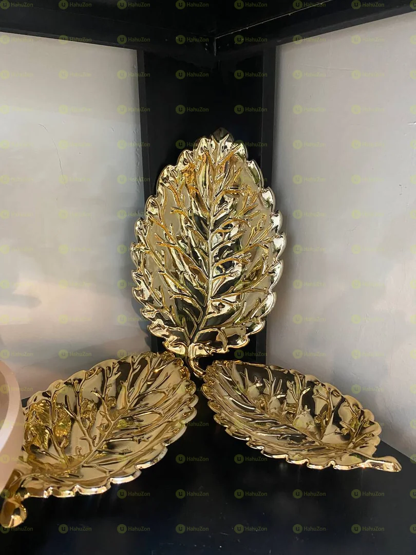 Golden 3 Piece Leaf tray Decoration Set