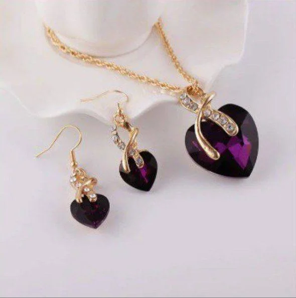 Luxury Multicolor 2Pack Heart Crystal Necklace Earrings Jewelry Set