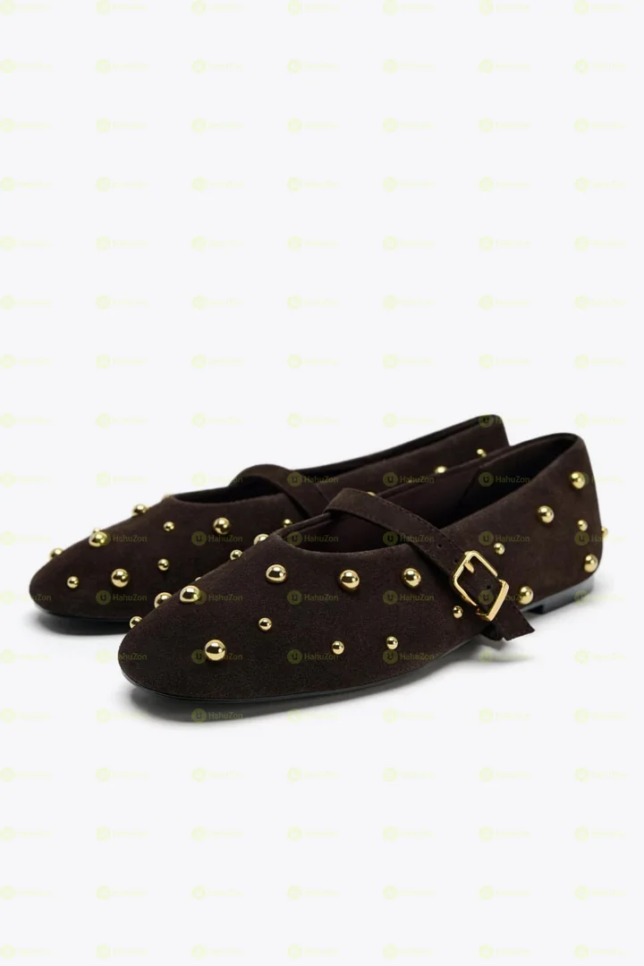 Zara Studded Split Suede Ballerinas