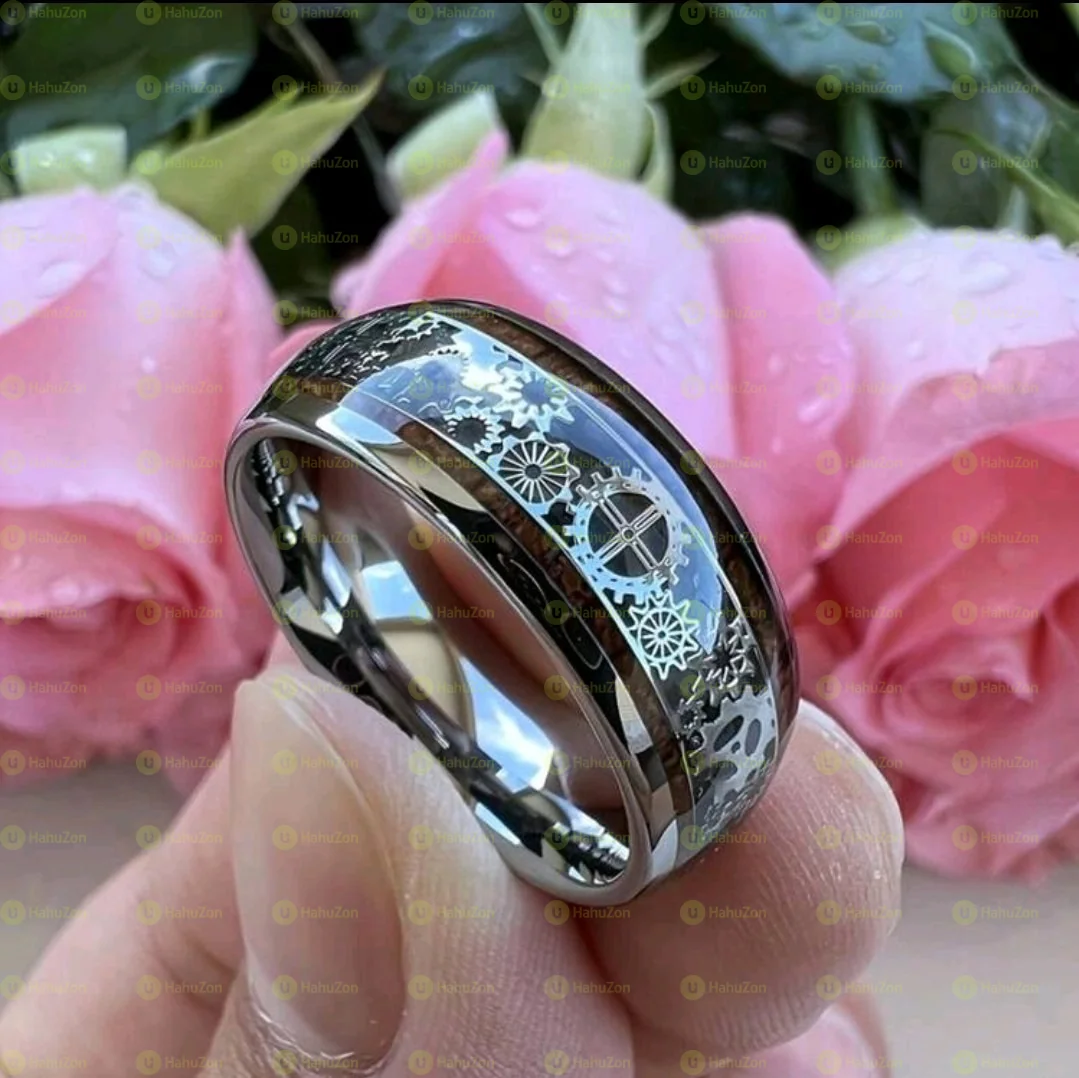Mechanical Gear & Wood Grain Steak Style Men's Ring