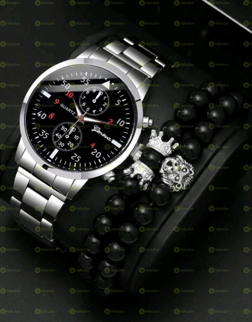 3pcs Fashionable Men's Quartz Watch With Beaded Bracelet Set