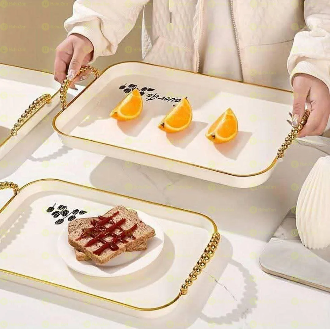 3 Sets Serving Tray With Golden Handle