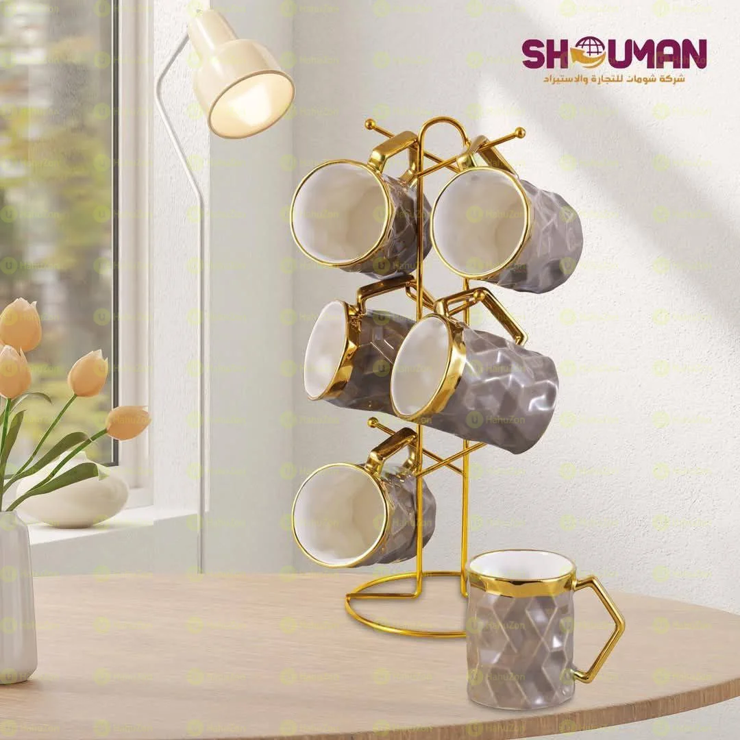 6 Set Ceramic Mugs With Golden Stand