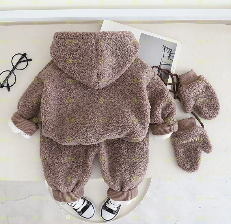 Winter Plush Kids Clothes Sets Casual Hooded Top and Pants 2 Pieces