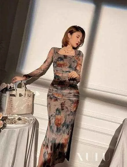 Beautiful Splice Long-Sleeve Dress