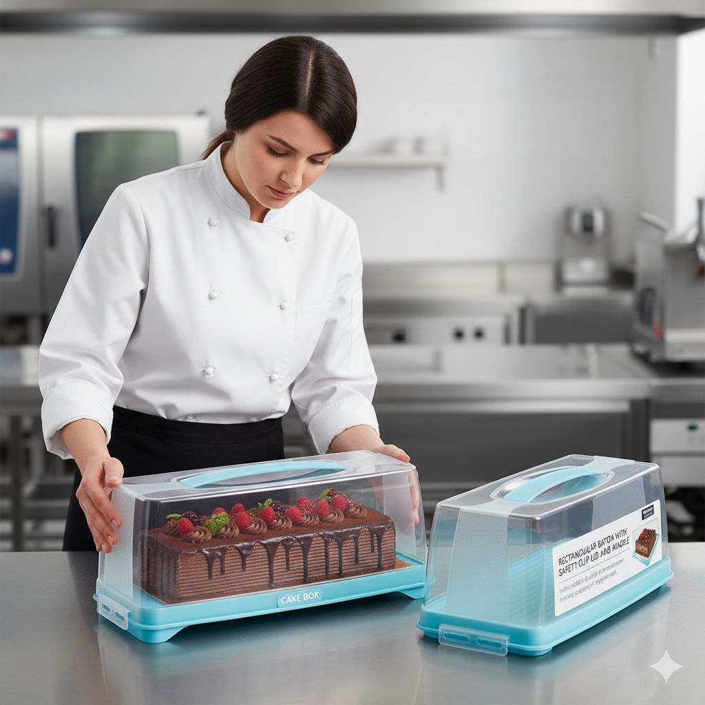 CAKE BOX RECTANGULAR BATON WITH SAFETY CLIP LID AND HANDLE