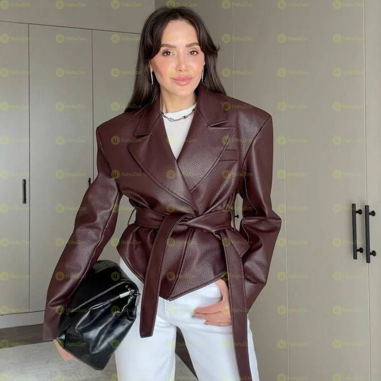Elegant Lapel PU Jacket With Belted Waist For Women Fashion