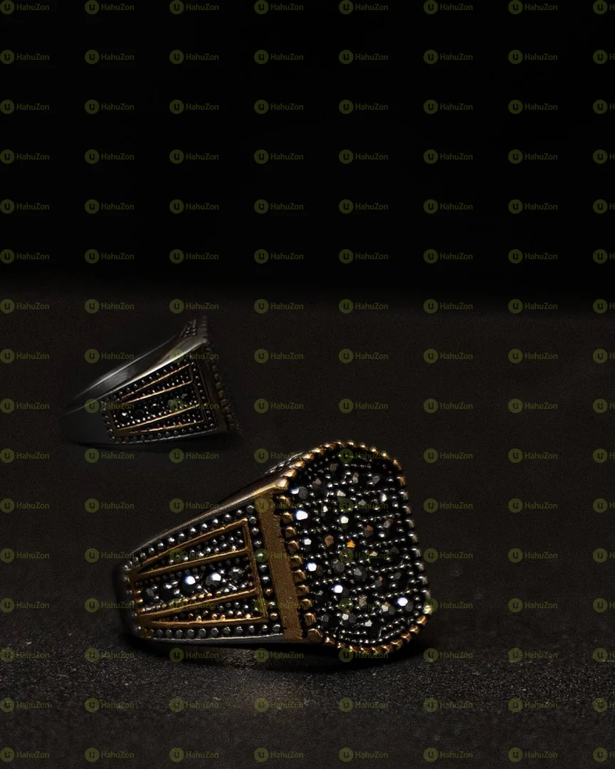 Luxury Golden Black Rhinestone Stainless Steel Mens Rings