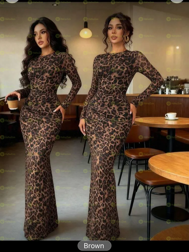 Brown Long Sleeve Bodycon Women's Dress