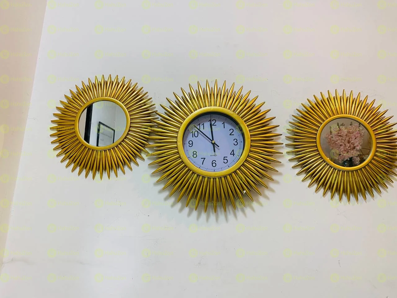 Golden Sunburst Clock Mirror Set