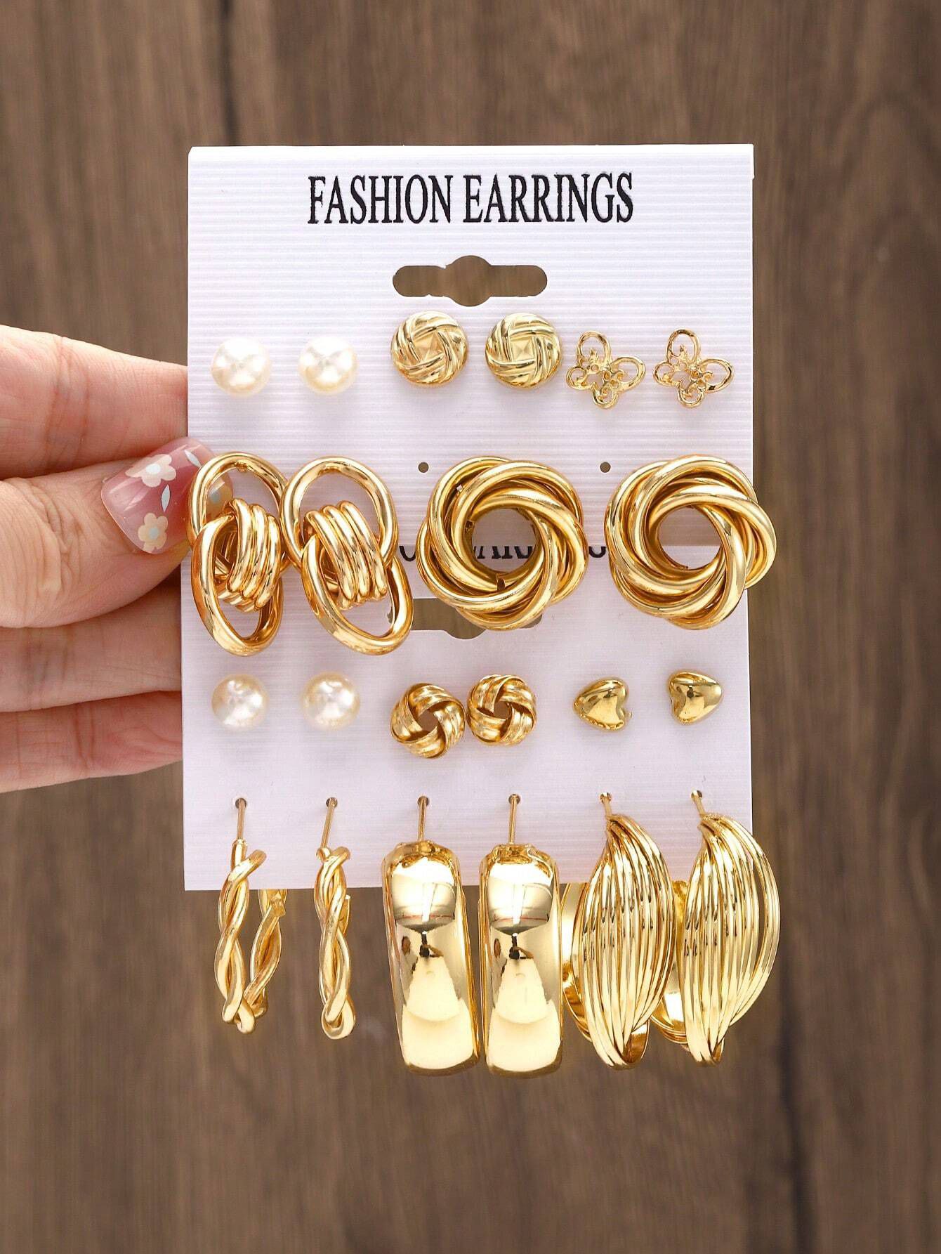 11pairs Gold-Color Geometric Zinc Alloy Earrings Set