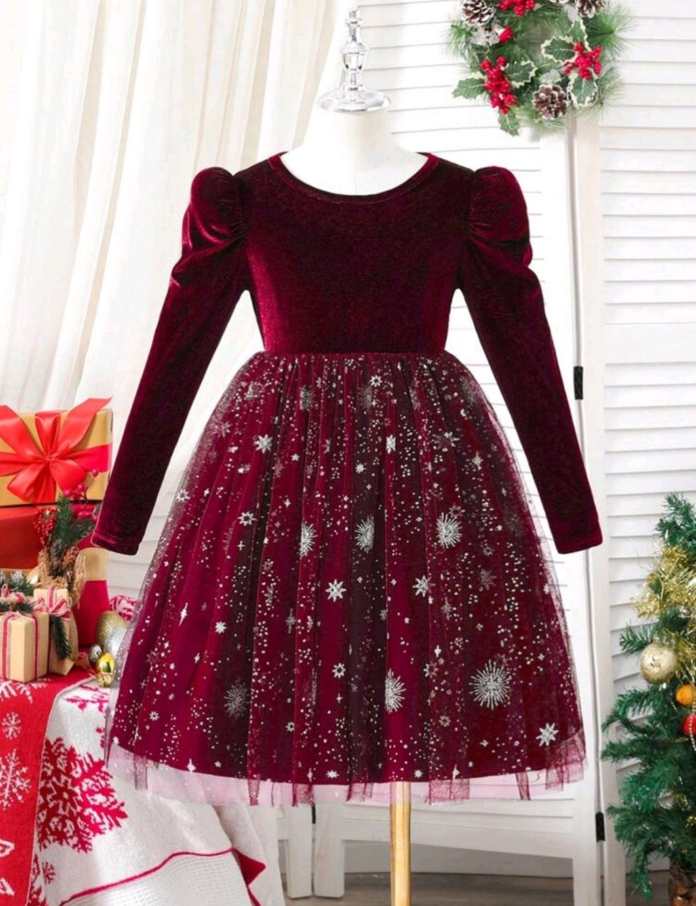 Girls' Velvet Pentagonal Net Tutu Princess Dress With Puff Sleeves