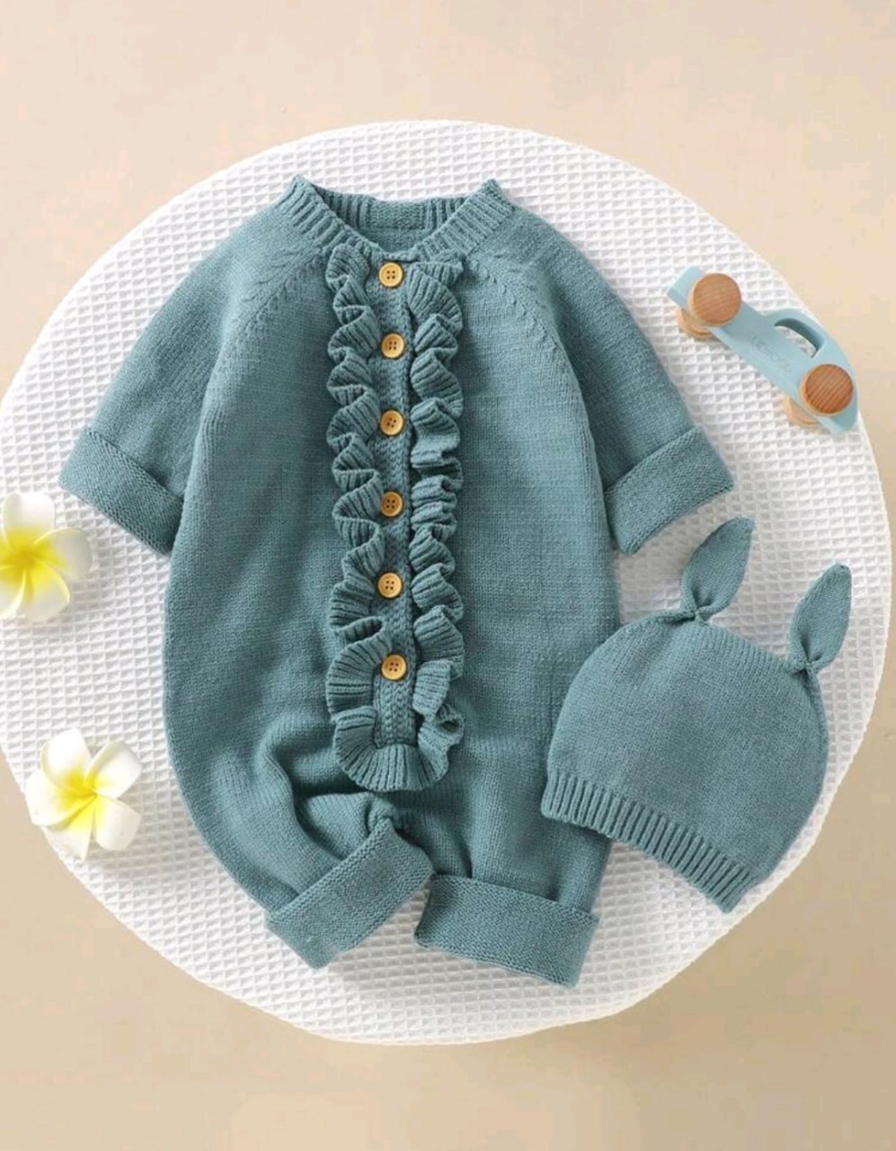 Baby Girl Ruffle Trim Raglan Sleeve Button Front Sweater Jumpsuit & Hat