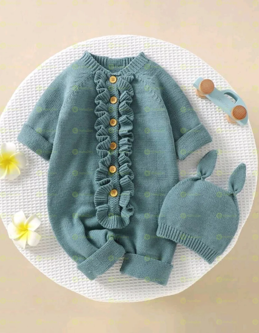 Baby Girl Ruffle Trim Raglan Sleeve Button Front Sweater Jumpsuit & Hat