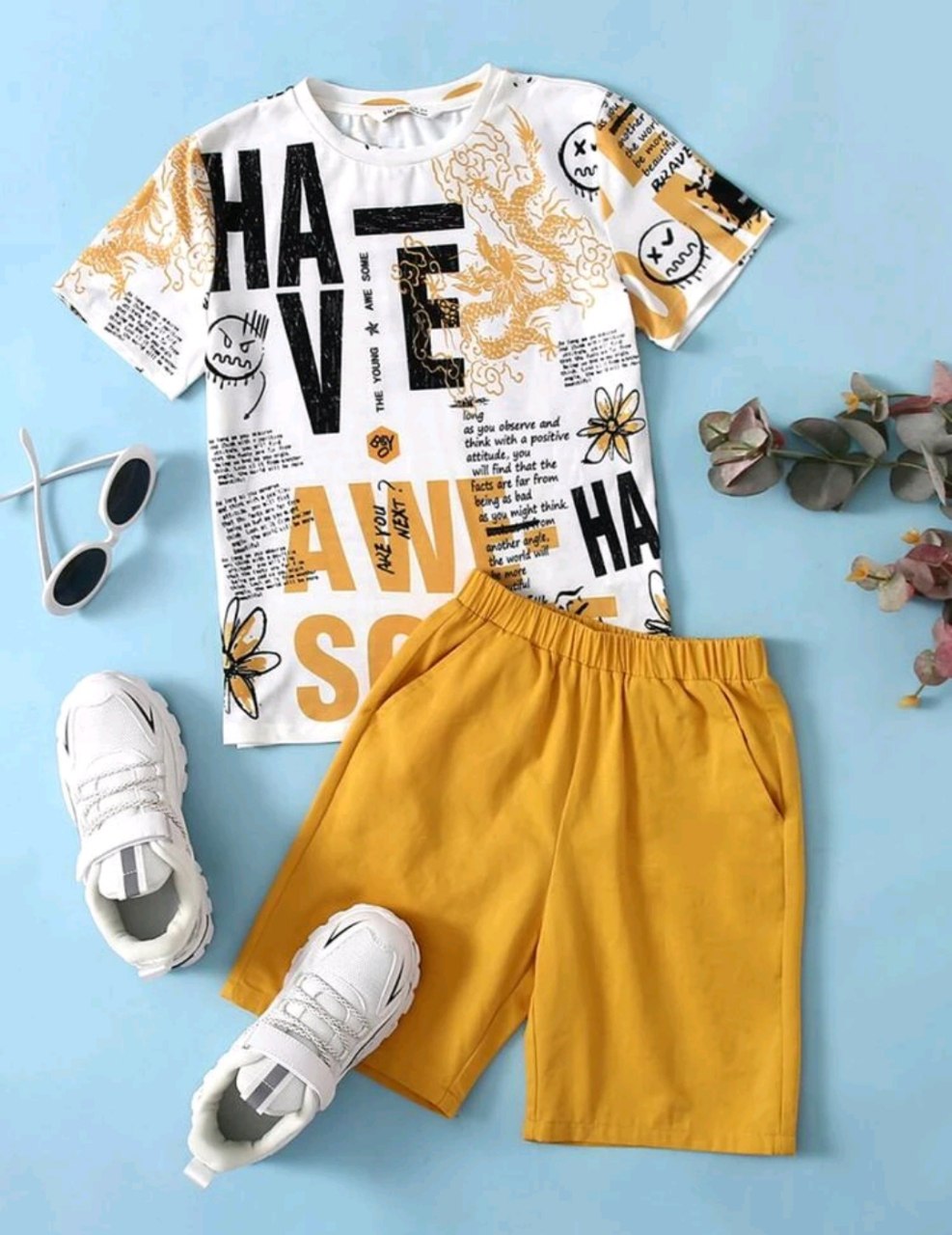 Boys Cartoon and Slogan Print Top & Shorts Set