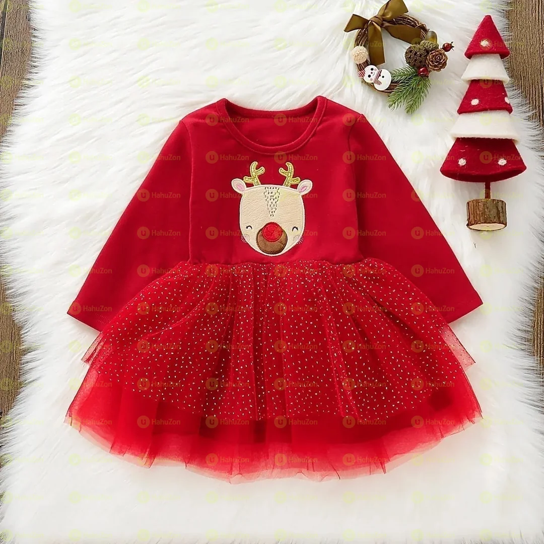 Red Christmas Reindeer Sequins Mesh Long-sleeve Baby Dress