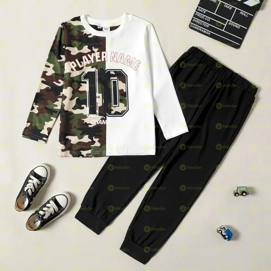 2-piece Kid Boy Long-sleeve Tee and Black Pants Causal Set