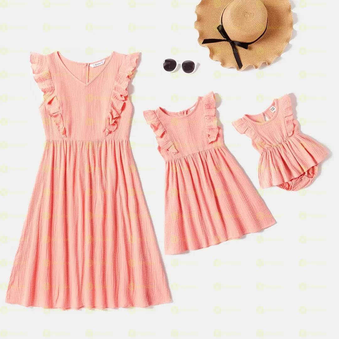 Solid Flutter-sleeve Pink Midi Dresses