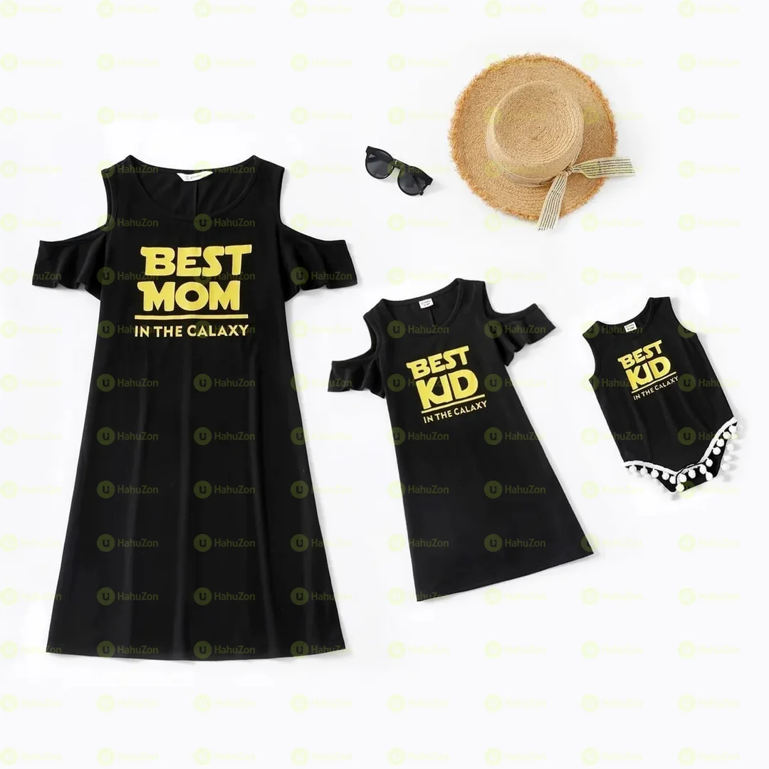 Mommy and Me Letter Print Off-shoulder Dresses