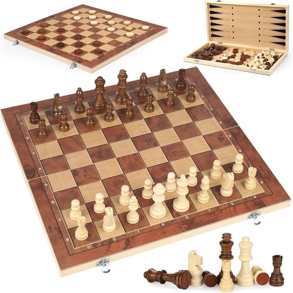 Chess Checkers Backgammon 3-in-1 Board Games Sets