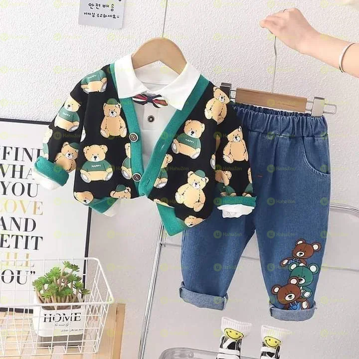 Baby  Boy Cardigan Sweater Bow Tie T-shirt and Jeans Pant Set