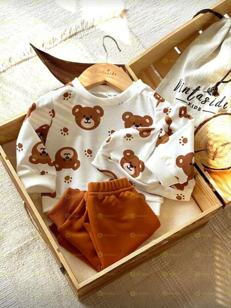 Cute Cartoon Bear Print 3 Piece Set Outfit