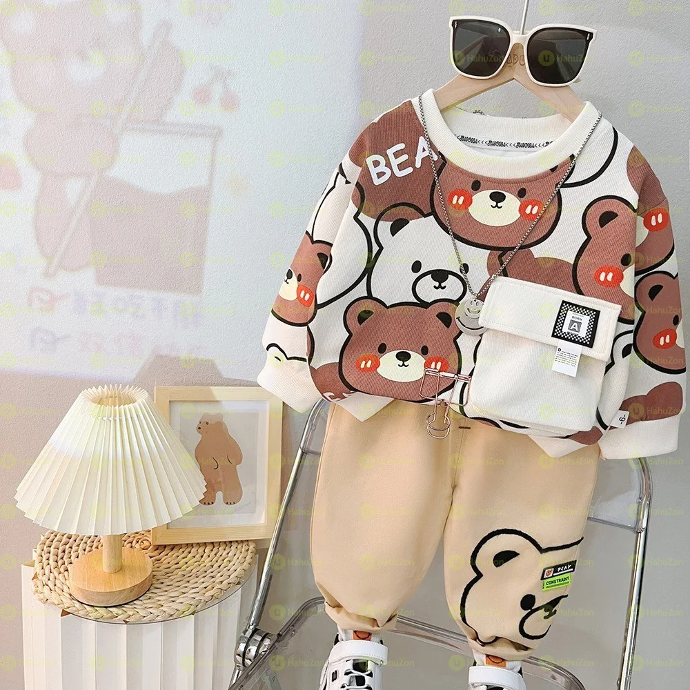 Unisex Bear Printed Sweatshirt and Khaki Pant