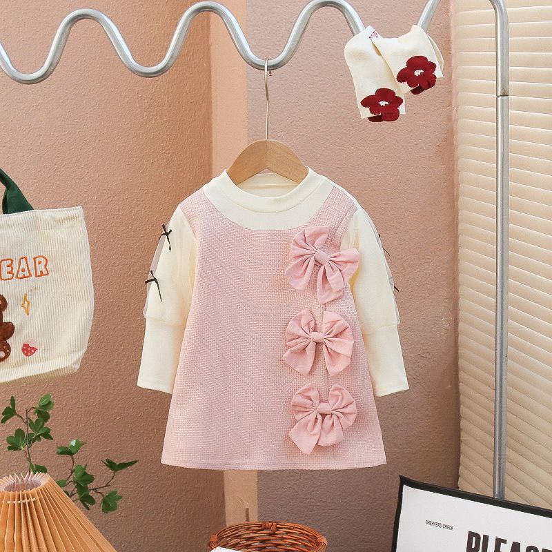 Girls Bow Decor Long-Sleeved Dress