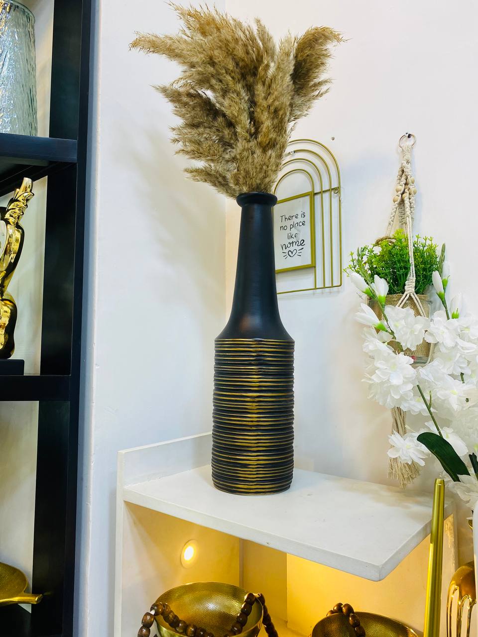 Long Modern Black Vase and Dried Pampas