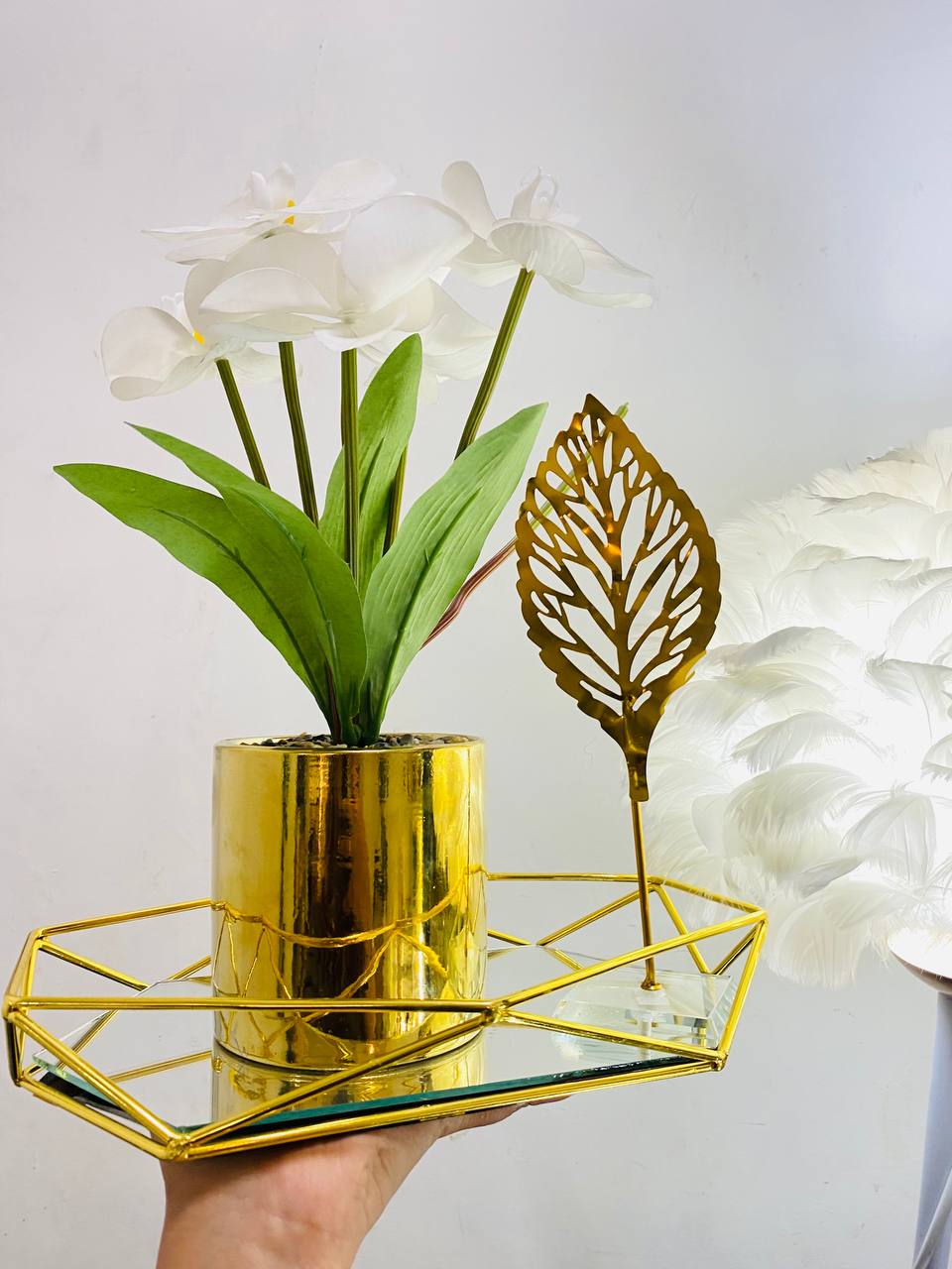 Table Decoration Golden Vase Leaf Tray