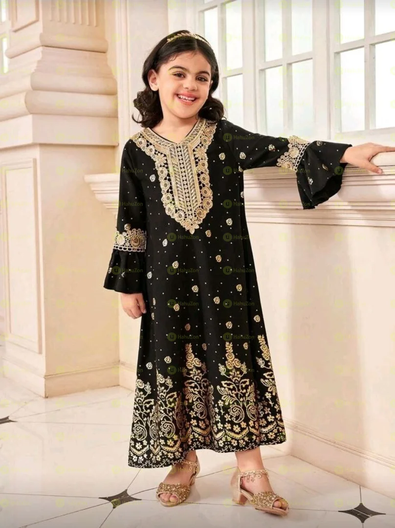 Young Girls Golden Collar Flower Flare Sleeve Sress