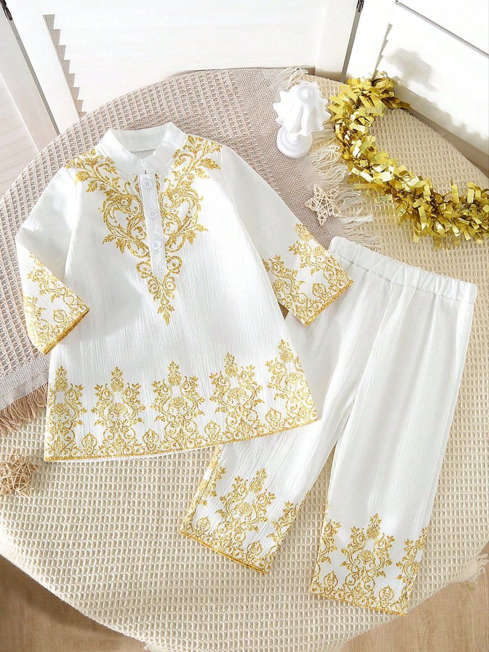 Toddler Boys Golden Print Long Robe Collar Shirt and Pant Set