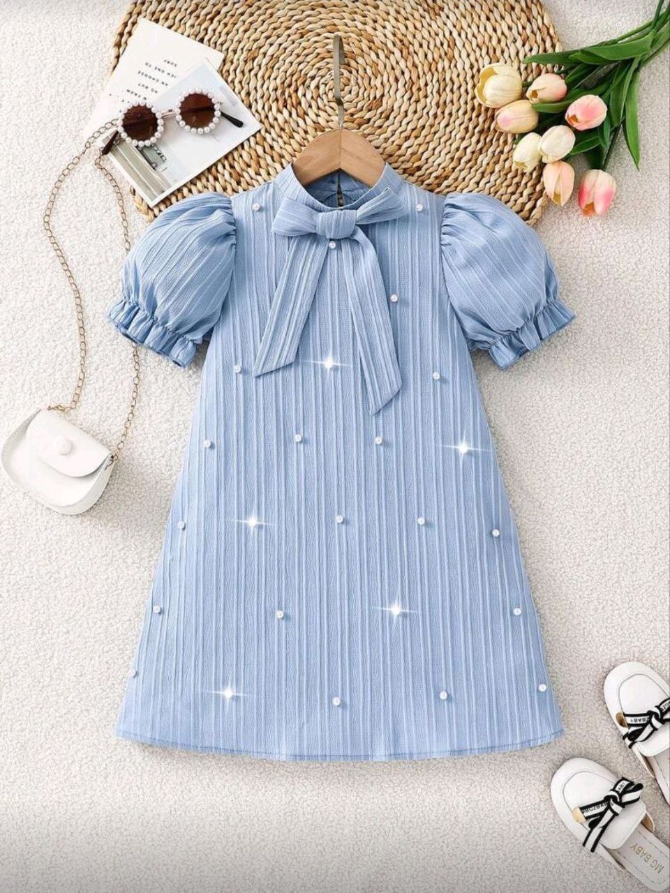 Young girls Bow Decor Puff Sleeve Dress