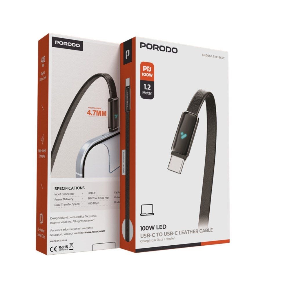 Porodo 100W LED USB-C to USB-C Leather Cable