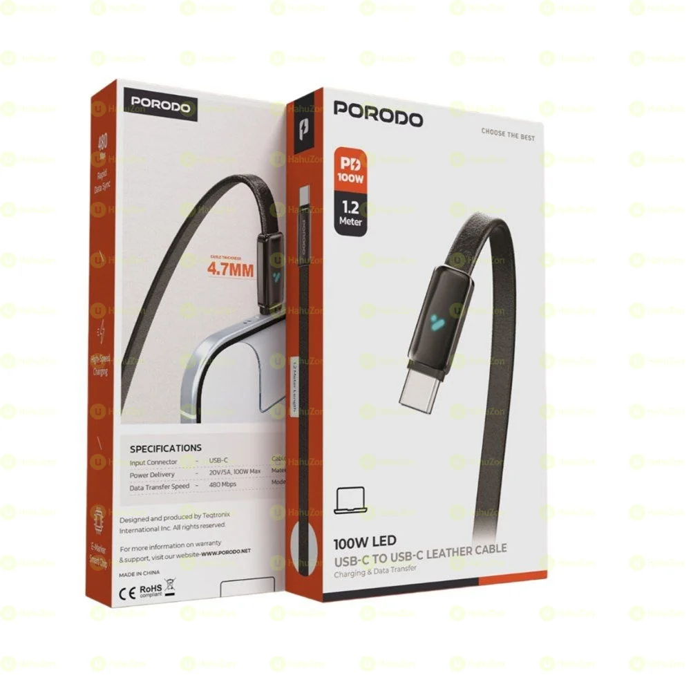 Porodo 100W LED USB-C to USB-C Leather Cable