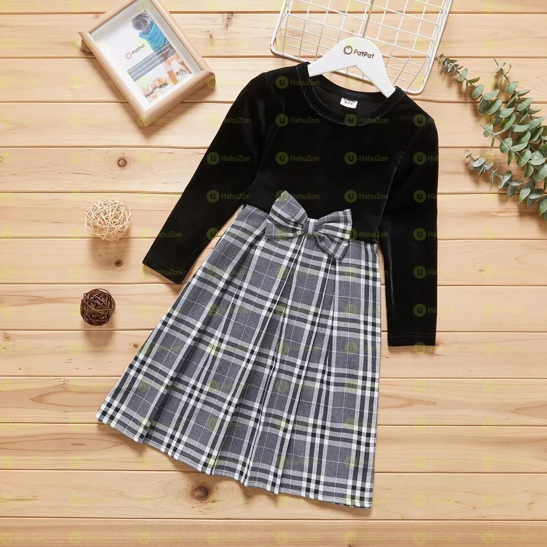 Kid Girl Long-sleeve Stitching Velvet Plaid Pleated Dress
