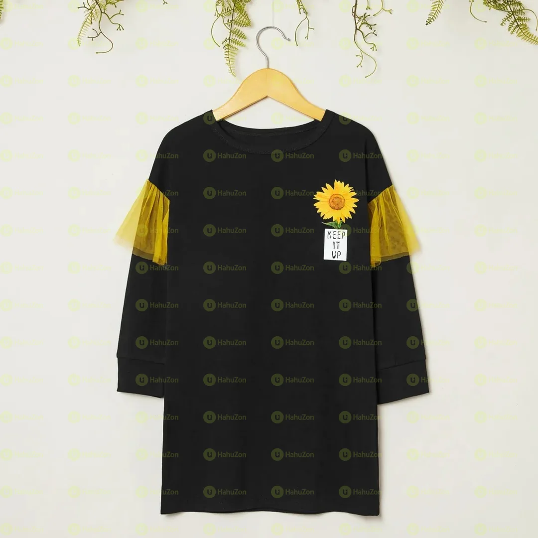 Fashionable Kid Girl Sunflower Mesh Long-sleeves Dresses