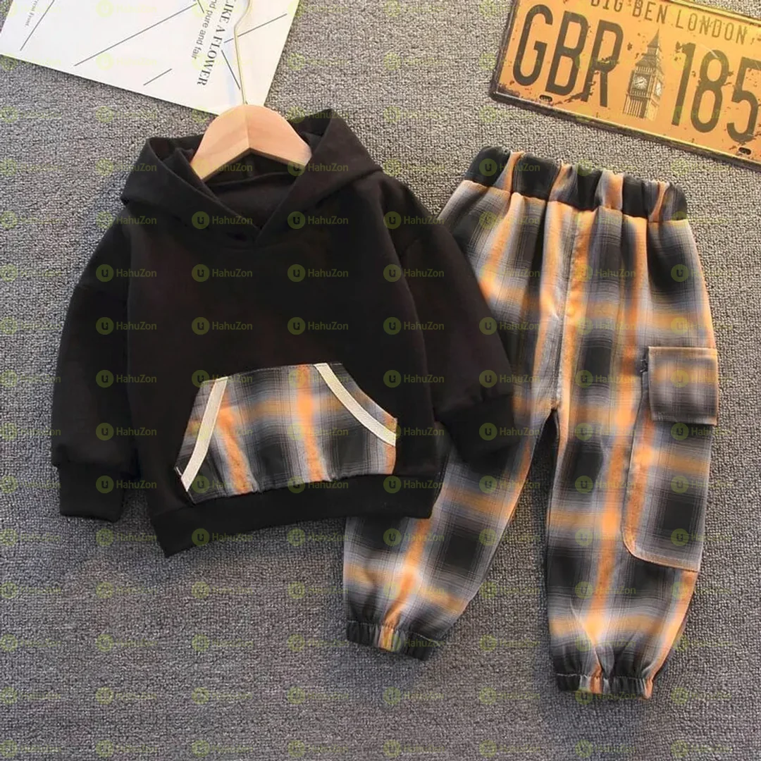 2-piece Toddler Boy Pocket Hoodie Sweatshirt and Plaid Pants Set