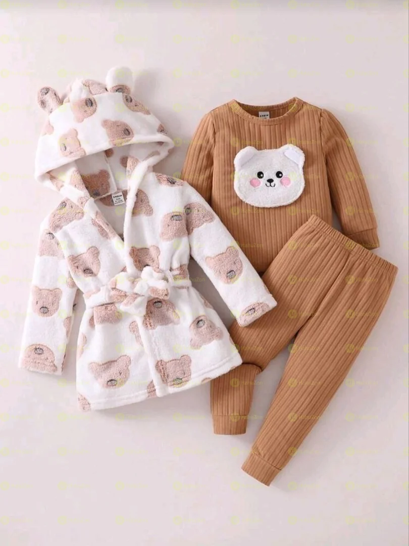 3 iece Set Bear Patch Top Pant and Robe Gown