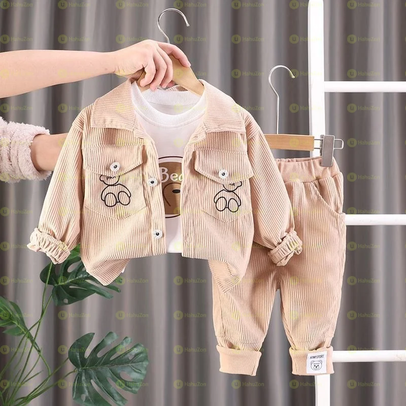 3 Piece Set Cartoon Bear Design Corduroy Outfit