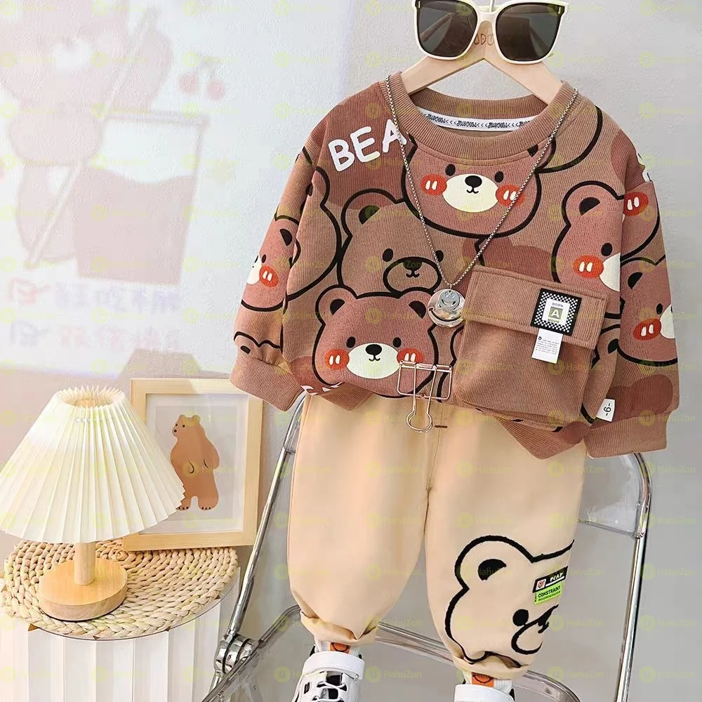 Unisex Bear Printed Sweatshirt and Khaki Pant