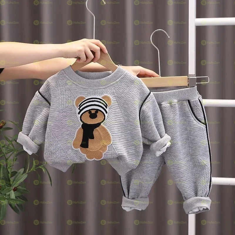 Bear Printed Autumn Sweatshirt and Pant Set