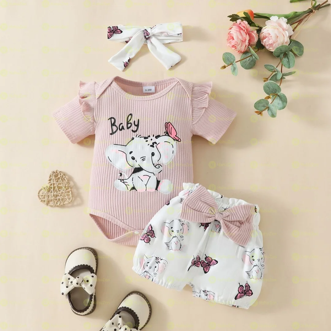 Babygirl Three Piece Set Short Tshirt Headband Set
